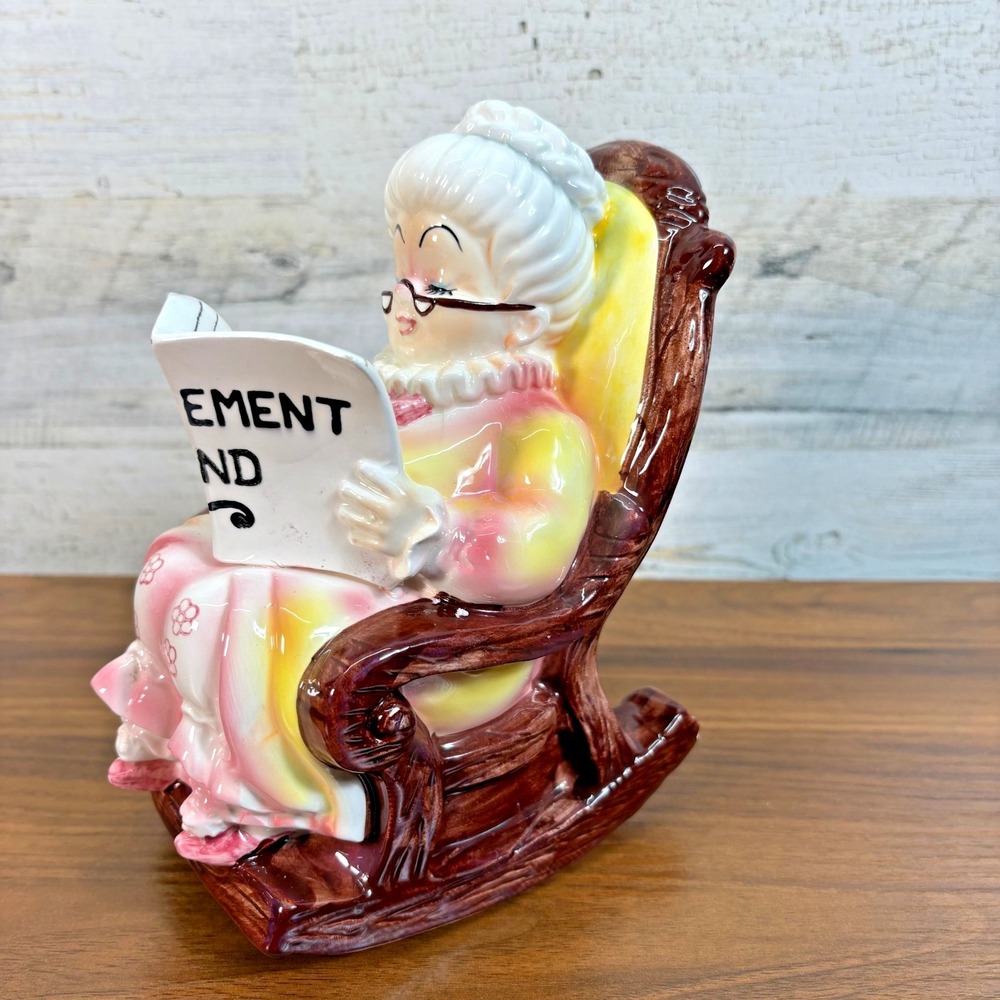 Vintage Lefton Ceramic Retirement Fund Piggy Bank Granny Rocking Chair Grandma